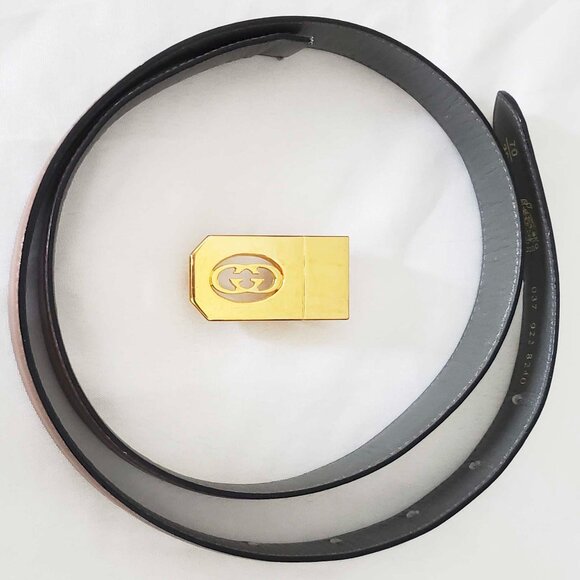 Gucci Vintage  SKINNY 2-Tone Brown Gray Leather Belt Gold GG Buckle REVERSABLE main image 6